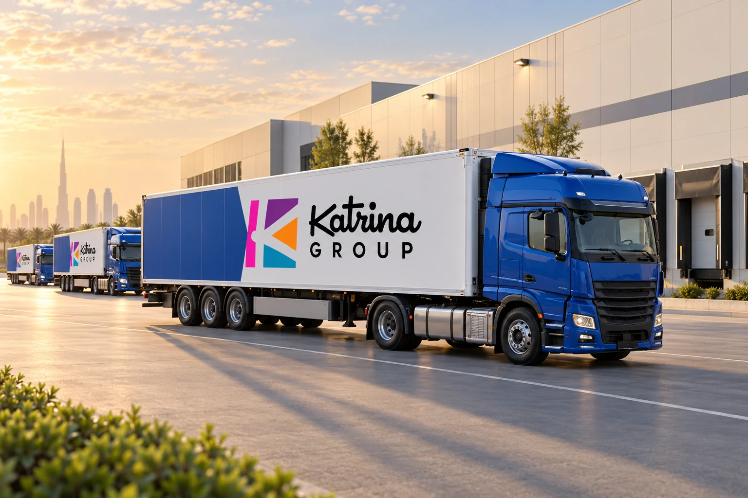 Blue Katrina Group trucks with branded white trailers in warm morning light