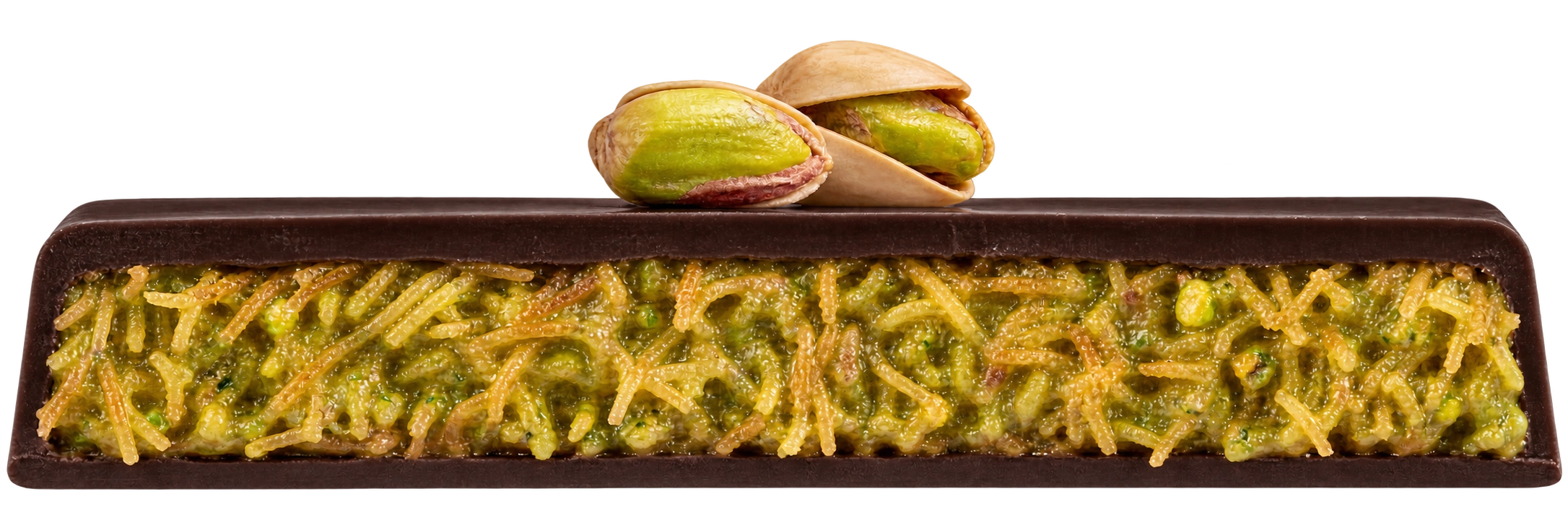 Dark Chocolate shell around pistachio filling and fine kunafa