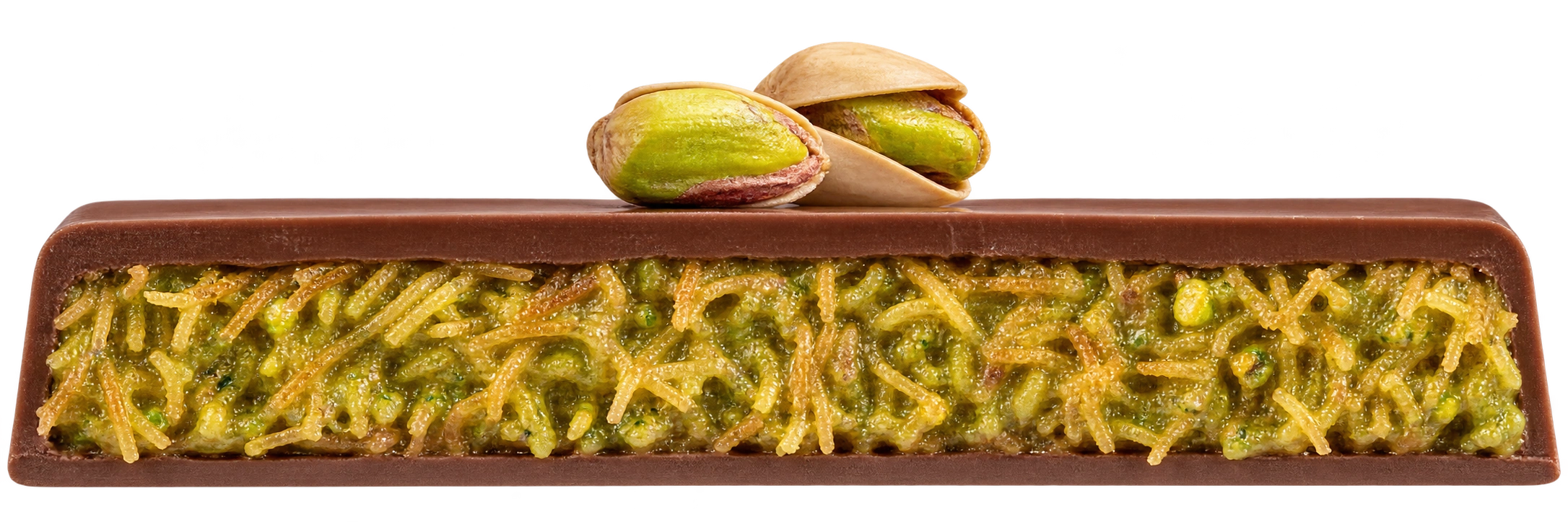 Milk Chocolate shell around pistachio filling and fine kunafa