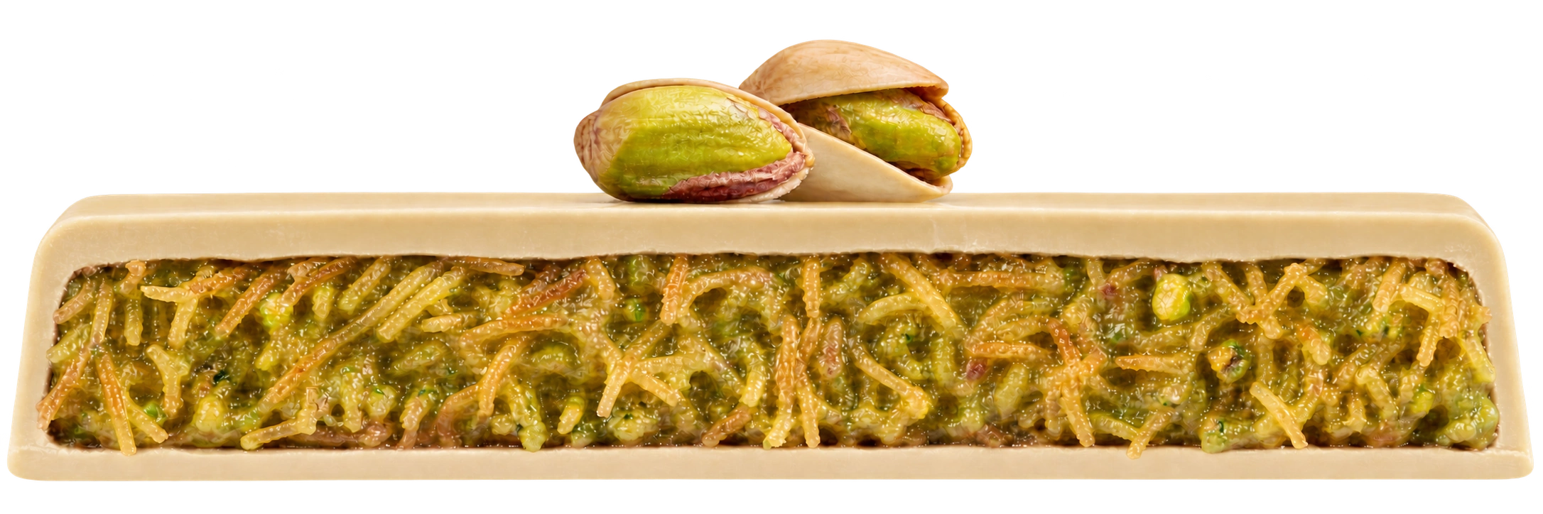 White Chocolate shell around pistachio filling and fine kunafa